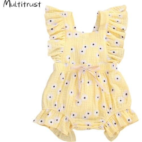 Toddler Baby Girl Clothes Sleeveless Rompers Cotton Ruffled Chrysanthemum Print Jumpsuit Clothes 0-24M
