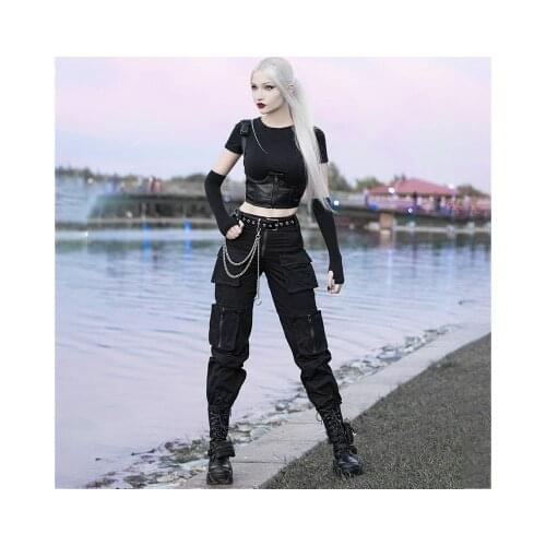 Ruibbit Harajuku Gothic Spring Autumn Women Zipper Big Pocket Overalls Sexy Loose Punk Pants Black Women Trousers Overalls