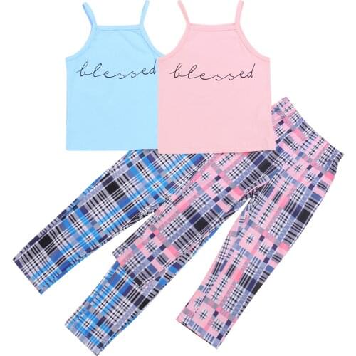 Toddler Infant Baby Girls 2Pcs Summer Outfits, Halter Letter Print Cami Tops + Plaid Pants Set 2-7Y