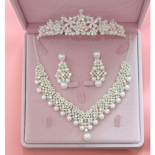 Fashion Silver Plated Flower Crystal Pearl Bridal Choker Necklace Earrings Tiaras Crown Set Bride Headband Wedding Jewelry Sets