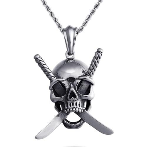 Punk non-mainstream rock double knife skull mens pendant hanging titanium steel