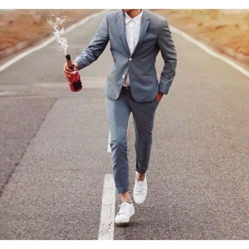 Mens Wedding Suits Light Grey Single Breasted Spring Summer Beach Casual Two Pieces Slim Fit Formal Evening Party Costumes