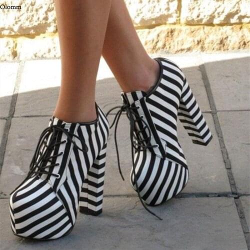 Olomm New Fashion Handmade Women Winter Ankle Boots Stable Block Heels Round Toe Black White Zebra Party Shoes Plus US Size 5-20