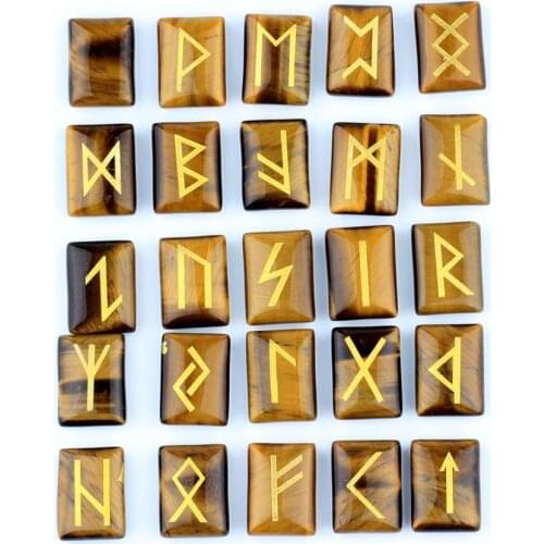 Wholesale 25pcs/lot Natural tiger eye Stone Viking Runes Amulet Set Reiki Healing Crystals Divination Tumbled rectangle Stones
