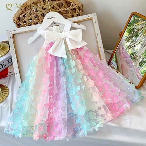 Girl Dress 2021 Summer Girls Clothing Baby Girl Fashion Big Bow Three-dimensional Flower Dress Rainbow Mesh Dress