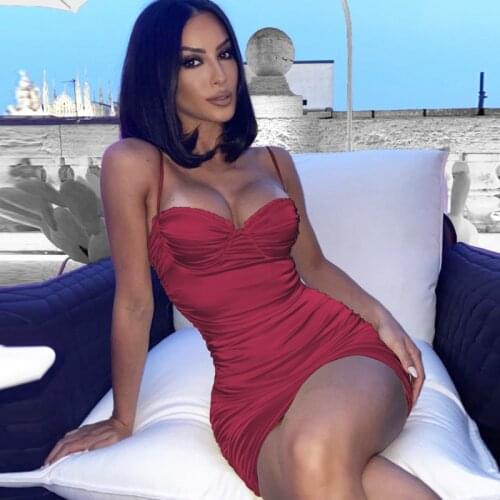 Kesiachiccly Satin Sexy Dress Women Ruched Spaghetti Strap Pleated Club Party Mini Summer Dress Backless Bodycon Dress Vestidos