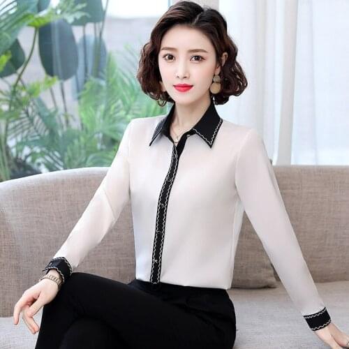 Long Sleeve Chiffon Shirt womens spring and autumn new fashion color contrast embroidery Lapel shirt professional ol womens