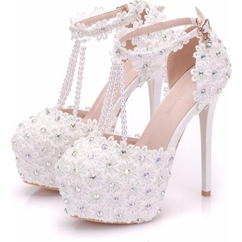 Crystal Queen Beautiful White Flowers Pearl Tassel Bridal Super High Heels Fine Heel Slender Bridal Lace Flowers Wedding Shoes