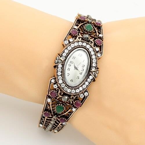 Vintage Turkish Wrist Watch Bangle Jewelry Women Round Flower Quartz Watch Bracelet Antique Color Adjust Size Aegean Sea Cuff