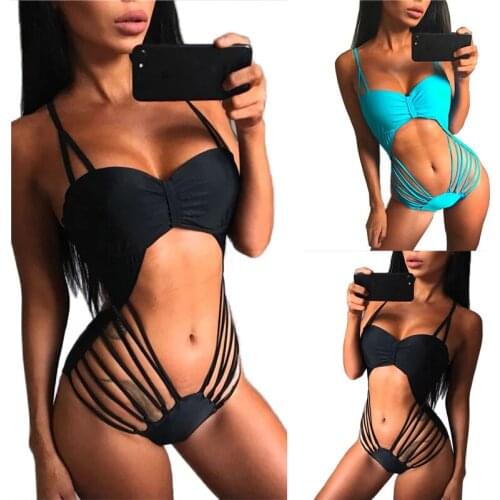 Xingqing Womens One-piece Slim Swimsuit Solid Color Sleeveless V-neck Hollowed Bandage Swimwear Woman One Piece Bikini Monokini