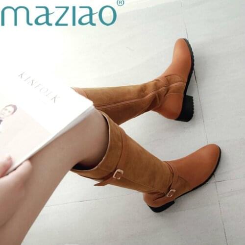 Patchwork Fashion Buckle Autumn Winter Boots Round Toe Knee High Boots Square Heel Flock Med Heels Women Boots Brown Gray MAZIAO