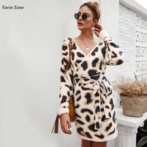Autumn Winter Dress Woman Long Sleeve Fleece Warm Dress V-neck Sashes Leopard Sexy Bodycon Pencil Night Party Dresses For Women