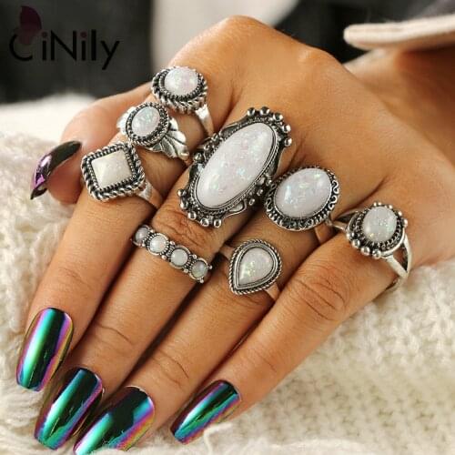 CiNily 8pcs / set Created White Opal Bohemian Geometric Pattern Vintage Rings Silver Plated Fashion Jewelry for Women Ring SJ003