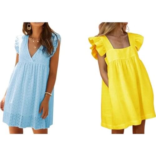 Womens Sexy V-Neck Butterfly Sleeve Hollow Lace Dress Blue S & Square Neck Ruffle Butterfly Sleeve Dress Yellow S