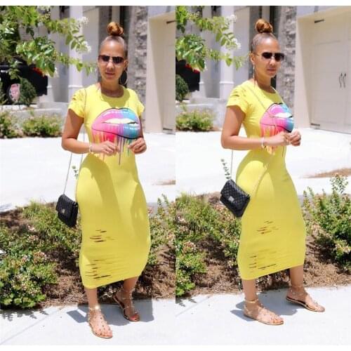 Summer New Solid Round Neck Bodycon Midi Dress Women 2021 Casual Slim Lips Printing Hollow Dress Fashion Street Outfits Vestidos