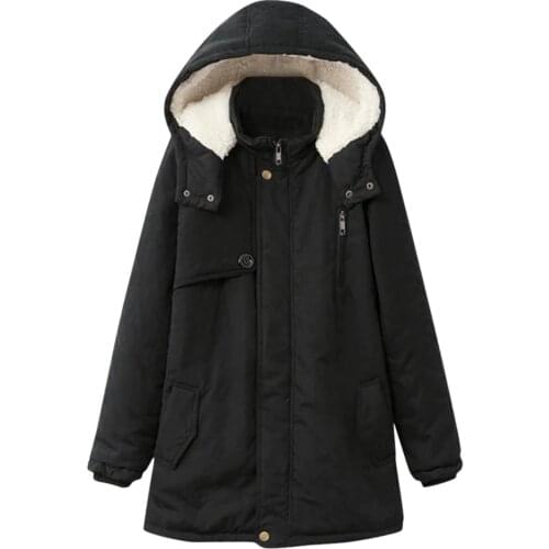 Large size womens coat fashion winter warm pocket button zipper female jacket long sleeve hoodie coat outwear top