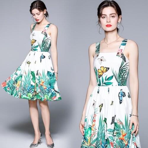 Summer Beach Sleeveless Tank Buttons Butterfly Floral Printed Midi Vestidos Women Elegant Slash Neck Backless Party Dress B78809