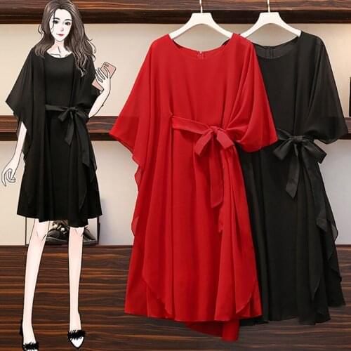 Plus Size Women 2021 Summer New Chiffon Dresses Thin Loose Casual Half Sleeve Solid Color Belt Female Dresses LJ3194