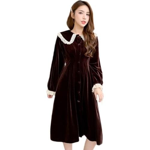 Trending Products 2020 Womens dress Lace large size spring dresses Gold velvet female long dresses Youth clothing for women 1501