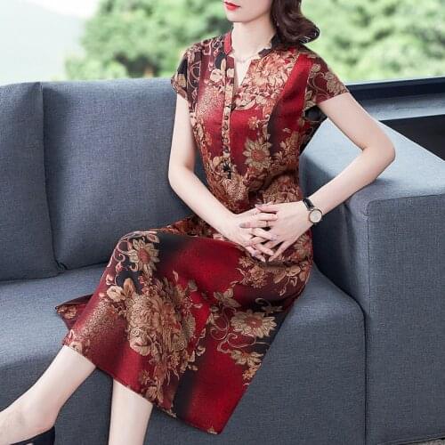 Summer Vintage Casual Floral Real Silk Midi Dresses 2021 Korean 5XL Plus Size Printed Dress Elegant Women Bodycon Party Vestidos