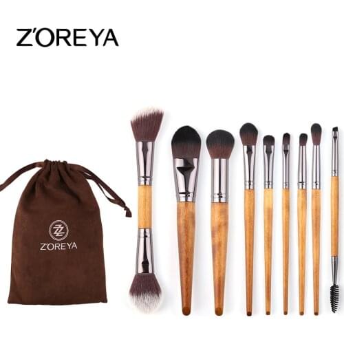 Zoreya 9 Faux Walnut Makeup Brush Set Beginners Portable Artificial Fiber Beauty Brush Cosmetic Gift for Women ZZ9