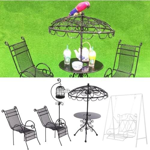 1/12 Doll House Miniature Garden Furniture Metal Table Chairs Swing with Birdcage Black Outdoor Accessories