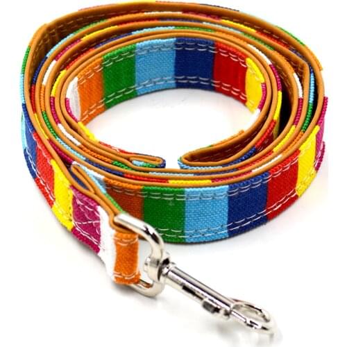 Free shipping new Rainbow pet cat Leash Colorful Canvas+ PU leather pet dog leash S L dog lead small medium sized pet Lead