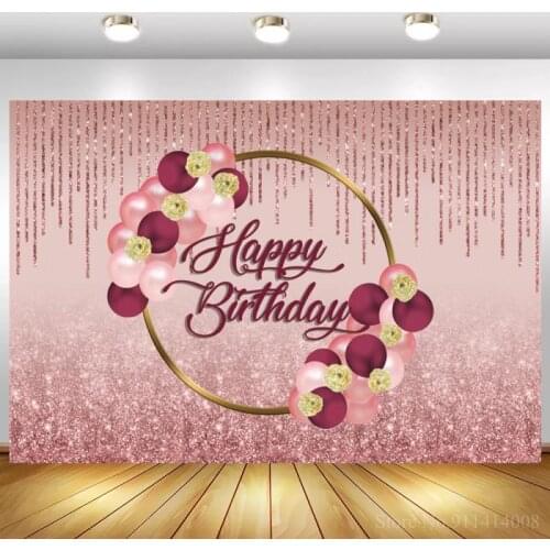 Glitter Happy Birthday Backdrop Pink Shiny Rose Birthday Background for Girls Balloons Gold Ring Women Birthday Backdrops