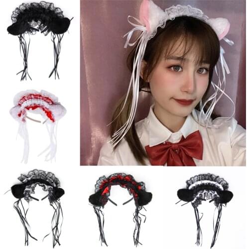 Girls Plush Cat Ears Lace Bow Ribbon Hairbands For Women Lolita Headband Headwear Hair Hoops Scrunchies Cosplay hair accessories