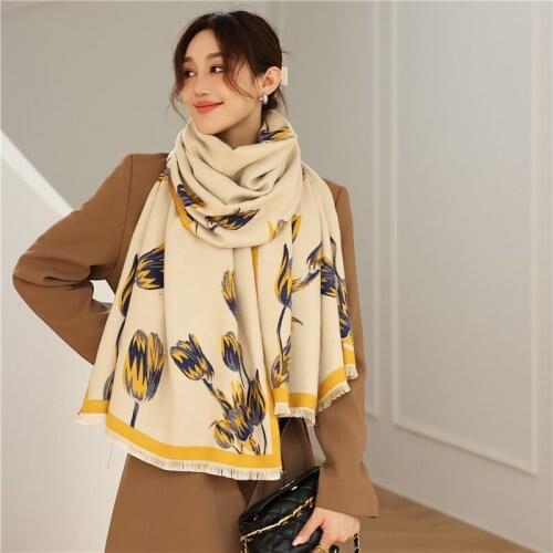 Elegant Floral Winter Cashmere Scarf for Women Pashmina Shawls Wraps Lady Foulard Soft Thick Warm Blanket Stoles 2021 New