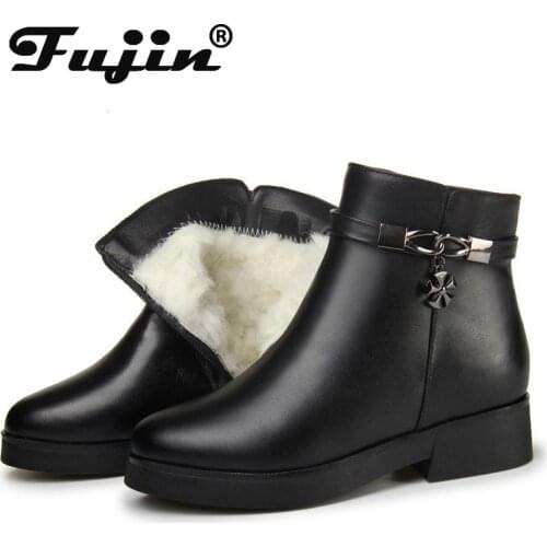 Fujin Wool Women Snow Genuine Leather Boots Warm Flat Bottom Platform for Fur Warm Shoes Ankle Boots Plush Women Winter Boots