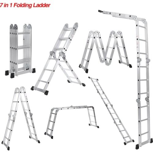 IKayaa 7 in1 Table Ladder Retractable Folding Aluminum Herringbone Ladder Multifunctional Telescopic Straight Ladder Step Ladder
