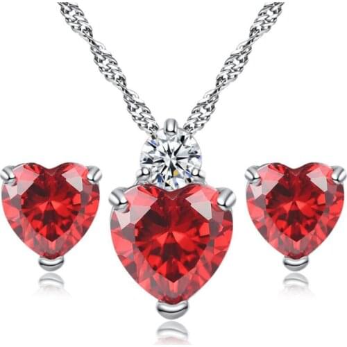 KOFSAC Fashion 925 Silver Jewelry Set Charm Love Heart Red Crystal Zircon Earring Necklace Sets For Women Christmas Jewelry Gift