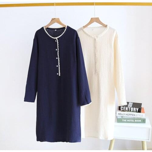 Summer Night Dress for Women Pure Cotton Crepe Sleep Skirt Long Sleeve Nightgown Famale Thin Loose Casual Comfortable Home Skirt