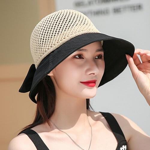 Summer foldable sun hat basin hat bowknot hollow stitching fisherman hat outdoor beach hat sun hat