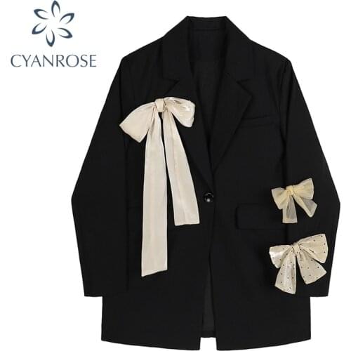 Fashion Womens Blazer Long Sleeve Black Suit Coats Bow Lace-Up Design 2021 Autumn New Casual Jacket Office Lady Loose Suit Coat