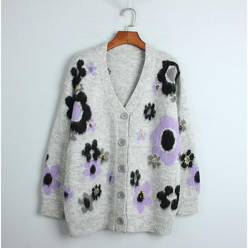 Mohair Cardigan Women Floral Jacquard Knit Sweater Coat 2020 Autumn V-neck Single Breasted Loose Cardigan Female Thin Knit Coat