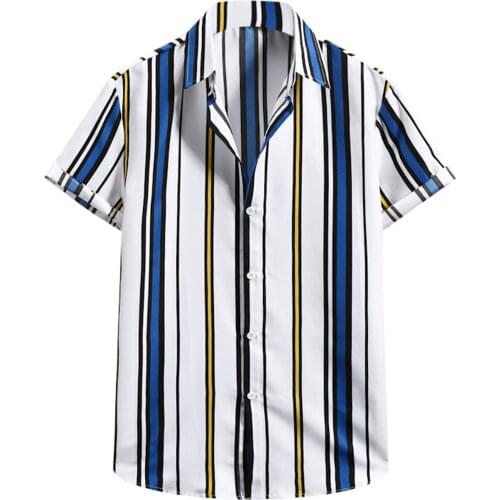 Men Striped Shirt Casual Lapel Neck Short Sleeve Button Brand Shirt Chic Loose Streetwear Vacation Blouse 2021 Chemise Homme
