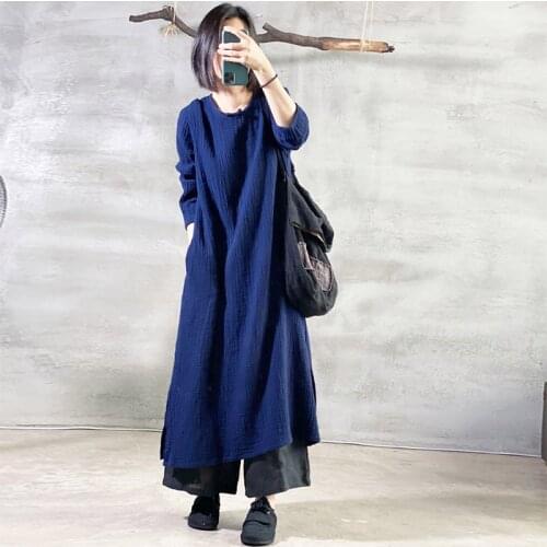 SCUWLINEN 2020 Autumn Women Dress Retro Casual Solid O-neck Long-sleeve Soft Slit Long Basic Cotton Dress P283