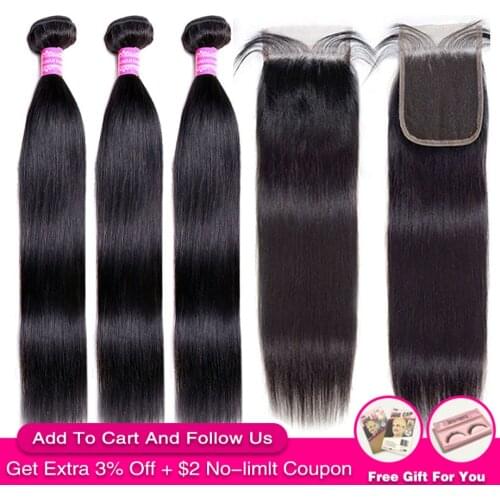 30inch Straight Hair Bundles With Closure Natural Human Hair 3 Bundles With Closure Brazilian Hair Weave Bundles 4x4 Swiss Lace