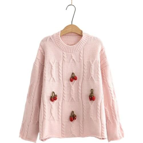 Cherry Appliques Women Casual Knitted Casual Pullover Sweater Women 2021 Winter Korean Style Long Sleeve O-neck Ladies Top