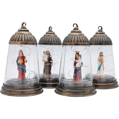 Christmas Conical Lamp Shape Ornament Jesus Figurine Statue with LED String Light Retro Hanging Lantern Holiday Decor