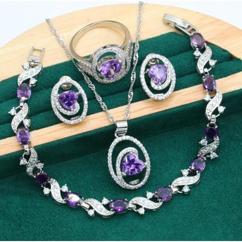 Dubai Wedding Silver Color Jewelry Set for Women Heart Shaped Purple Zircon Bracelet Earrings Necklace Ring Christmas Gift