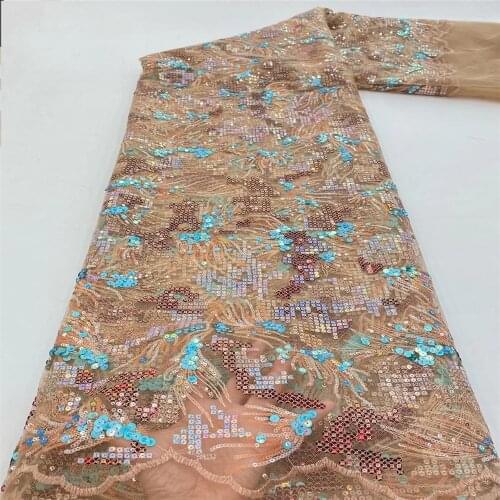 African Sequins Embroidery Tulle Lace Fabric 2021 Gold Color African High Quality 5Yard For Wedding Dress