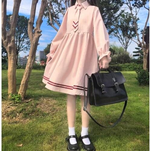 Japanese College Necktie Lapel Lantern Sleeve Cute Stitching Student Doll Shirt Dress Female kawaii clothing sweet lolita dress