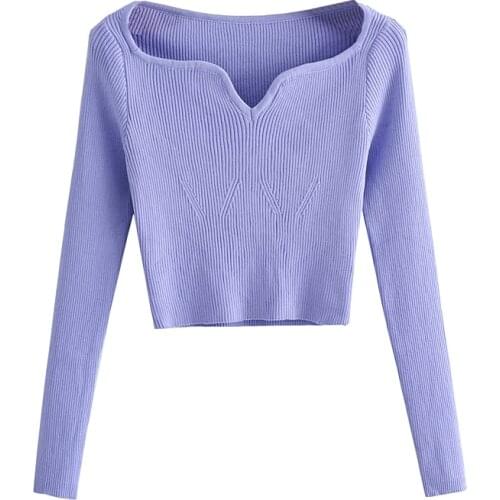 2021 Autumn Winter High elasticity Short Square Collar Thin Knitted Pullovers Sweater Loose V-Neck Long Sleeve Women New Fashion