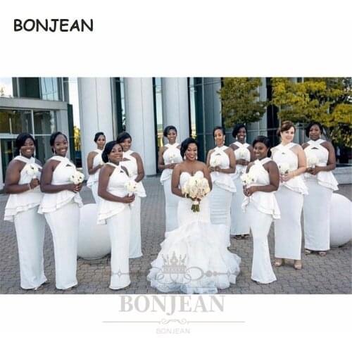 2021 White Bridesmaid Dresses Mermaid Criss Cross Elastic Satin South African Lace Up Black Girls Bridesmaid Dress