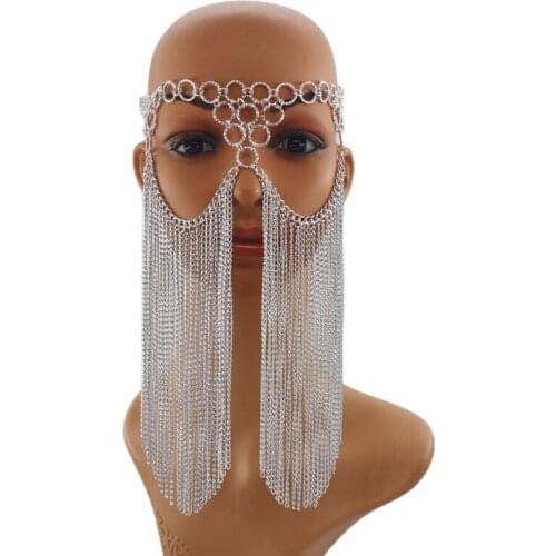 Punk Party Shiny Mesh Tassel Veil Circle O-Ring Metal Chain Masquerade Face Mask 1920s Belly Dance Jewelry Headband