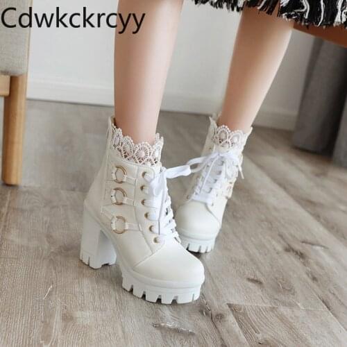Winter The New fashion Round head Thick heel Martin boots white Sexy Lace Plus velvet Keep warm High heel Women boots size 34-43