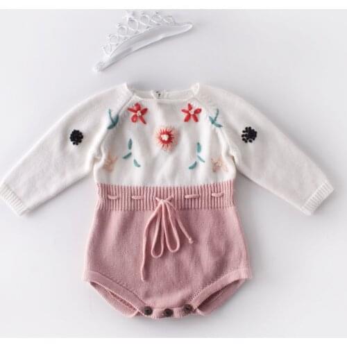 Handmade flower long-sleeved knitted woolen One-piece autumn baby girls hand-embroidered sweater knitted wool jumpsuit romper